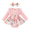 Tenues barboteuse de Style robe pour nouveau-né fille, body à manches longues en dentelle Patchwork à motif Floral + ensemble bandeau à nœud papillon