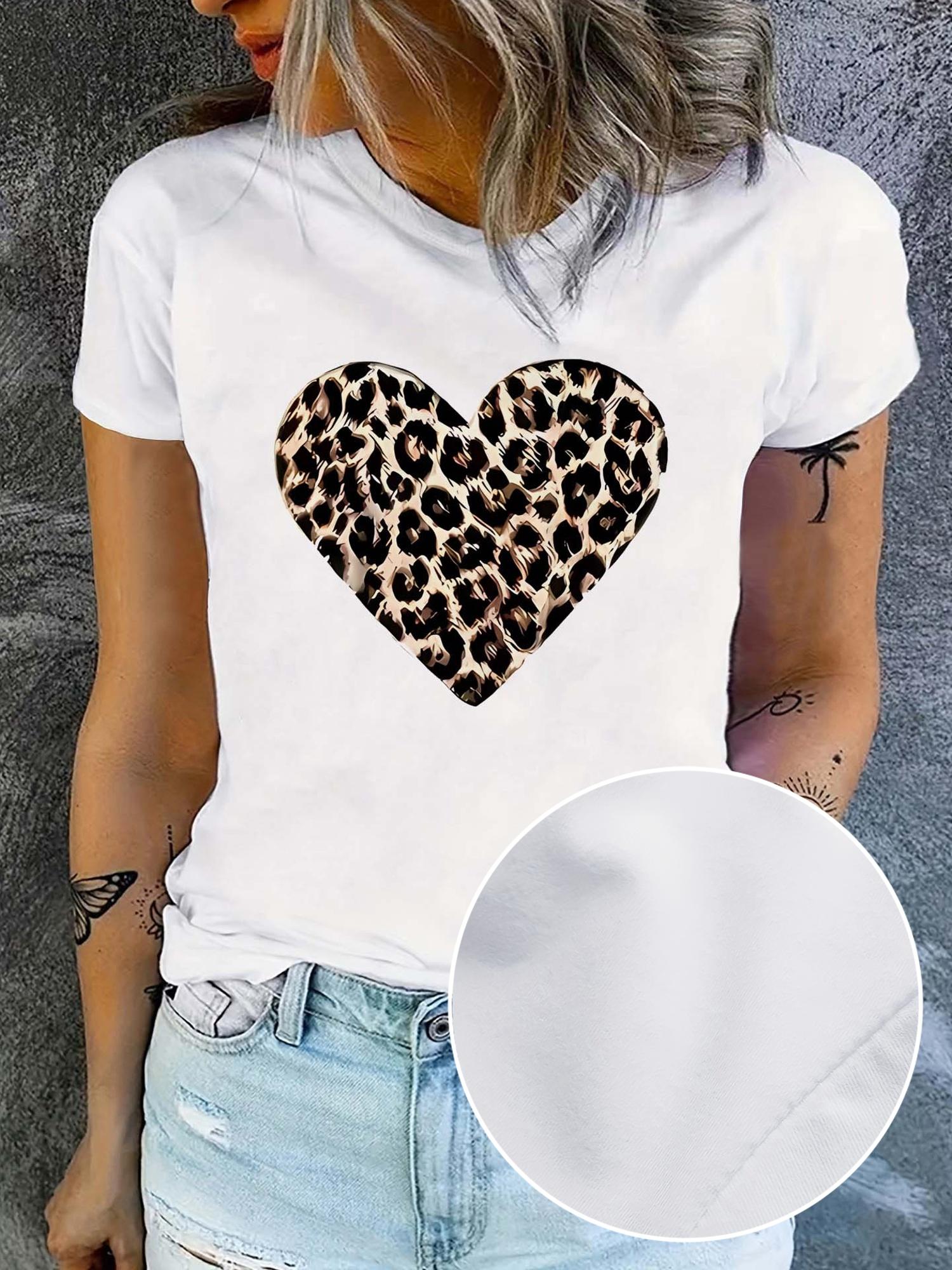 Leopard Heart Print White T-shirt M