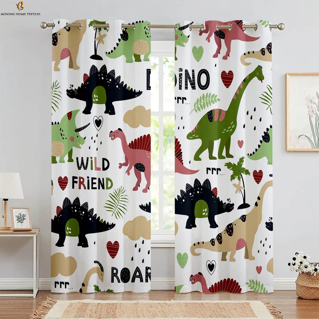 Set Of 2 Black White Dinosaur Cartoon Print Curtains Polyester Bedroom Living Room Kitchen Kids Decorative Curtain For Made