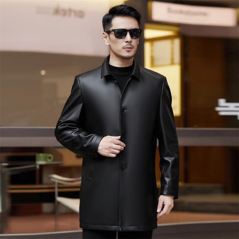 

Haining leather jacket men s medium and long business lapel cotton sheepskin trench coat spring and autumn thin leather jacket large size coat 190