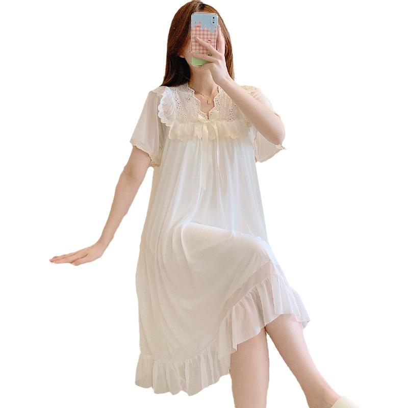 Summer Thin Mesh Lace V-Neck Bow Lace Medium And Long Nightdress Home Pajamas Women