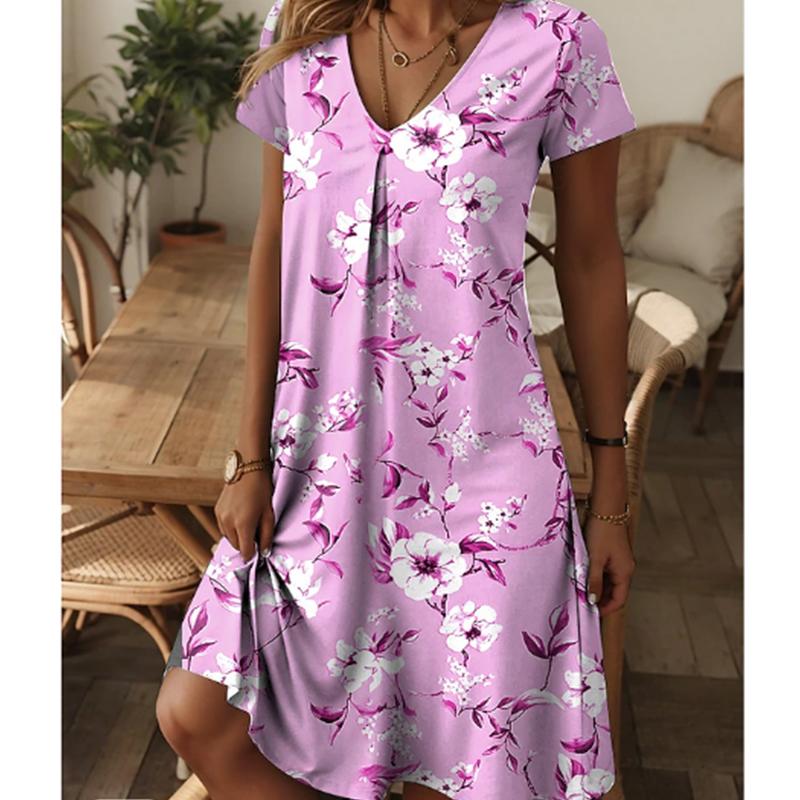 

Летняя мода женские V-образный вырез короткий рукав красивые цветы принтованные платья сексуальные короткие юбки платья 8XL фиолетовый