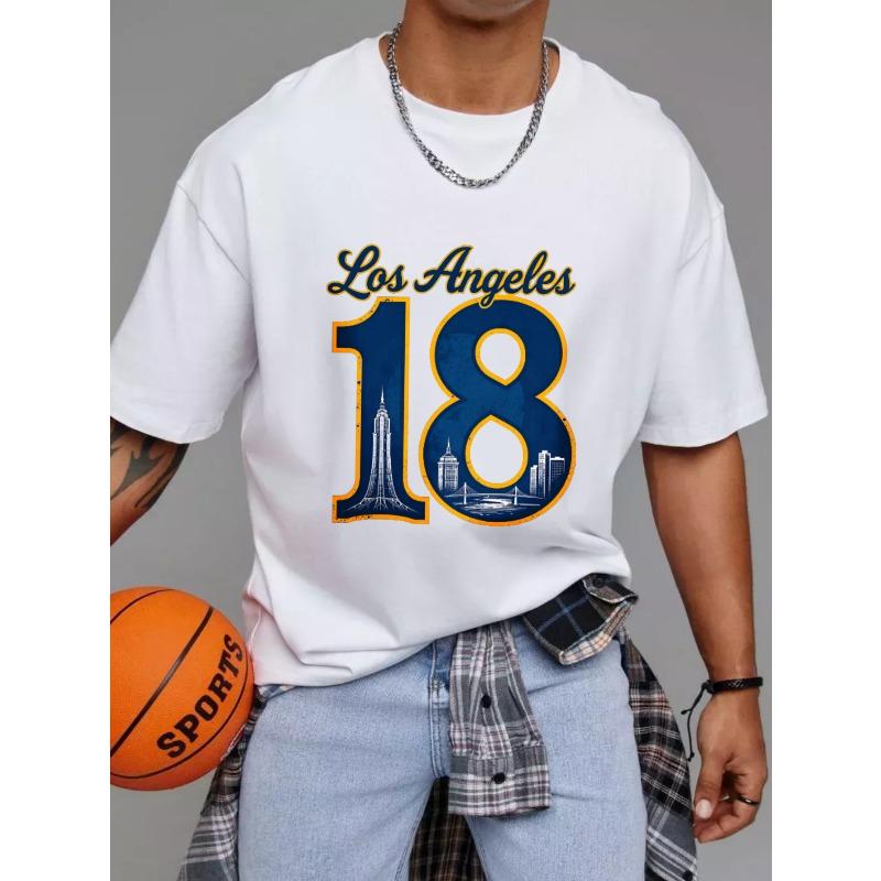 Los Angeles 18 Panorama města Tričko Bílé Text Los Angeles a číslo 18 se siluetami budov Urban Streetwear Ležérní oblečení pro muže a ženy