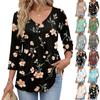 Damen 3/4 Ärmel V-Ausschnitt Knopfdetails Blumenmuster Tunika Oberteil Lässig Lockerer Schnitt Leichte Bluse