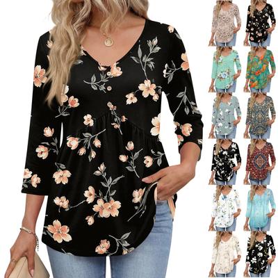 Womens 3/4 Sleeve V Neck Button Detail Floral Print Tunic Top Casual Loose Fit Lightweight Blouse