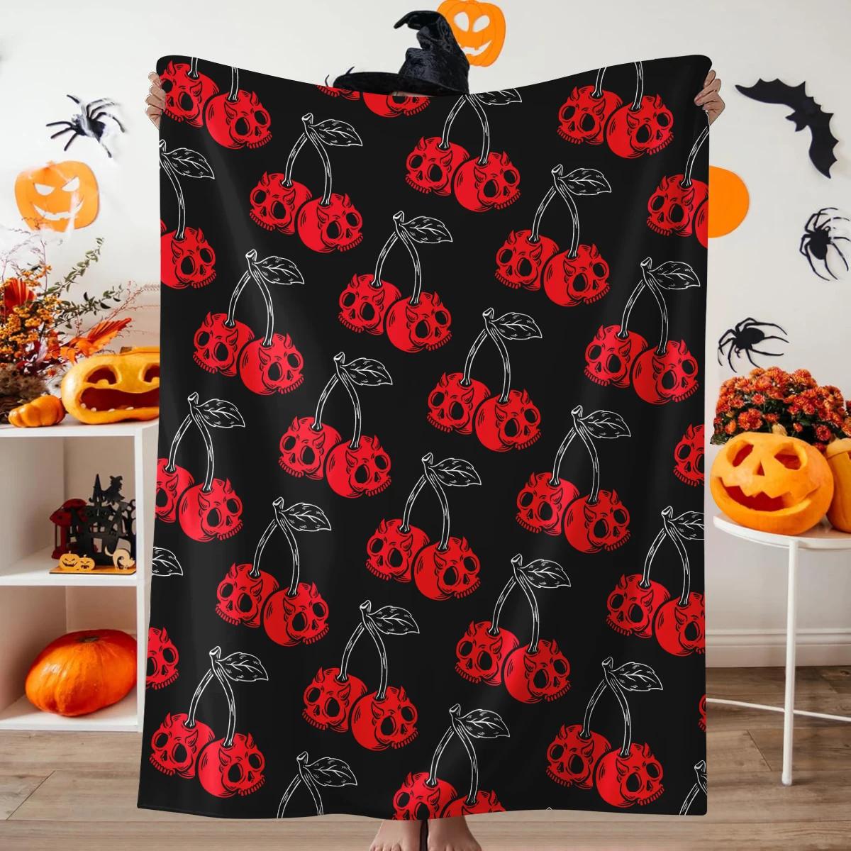 1pc Halloween skull orchid fleece blanket, terrifying cherry shaped skull print blanket, nap warm small cover blanket 30x40in
