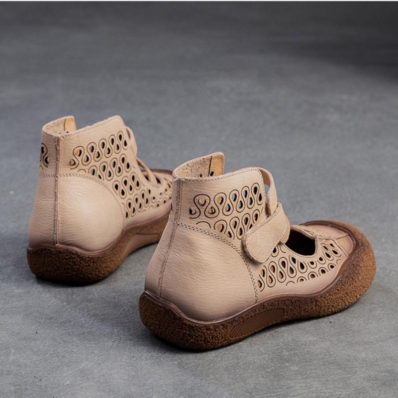Johnature Hollow Breathable Sandals Genuine Leather Retro Soft Sole Comfortable Versatile Women's Shoes