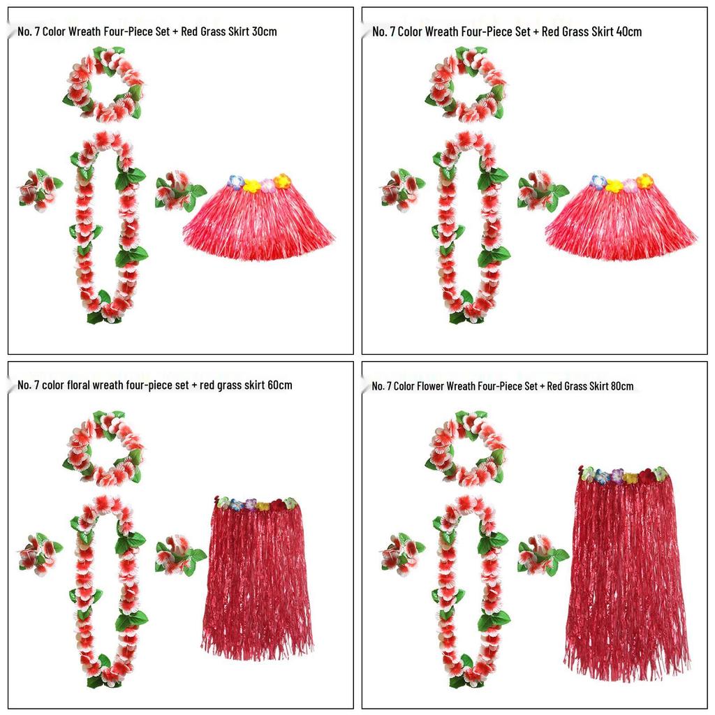 Kaifeng Summer Hawaiian Grass Skirt and Flower Garland Dance Party Set - 5 Pieces (30CM, 40CM, 60CM, 80CM)