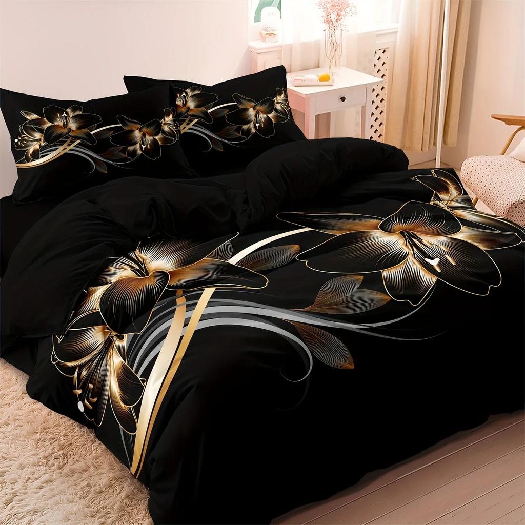 Modern Luxury Black And Golden Flower Print Bedding Set, Soft Comfortable Duvet Cover, For Bedroom, Guest Room