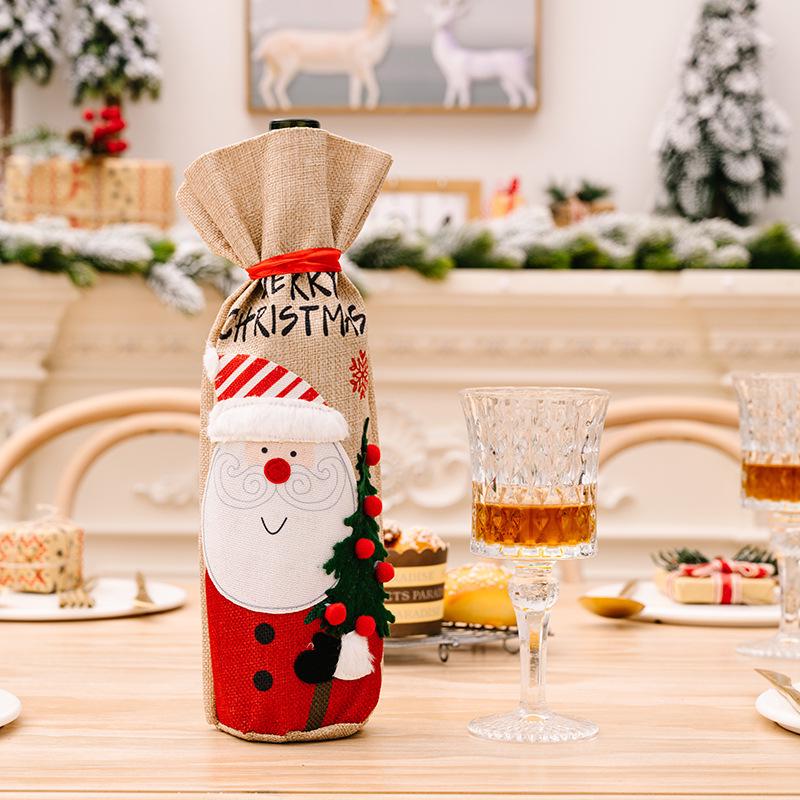 Christmas Red Wine Bottle Covers: Burlap Set with Old Man & Snowman Embroidery for Festive Table Décor