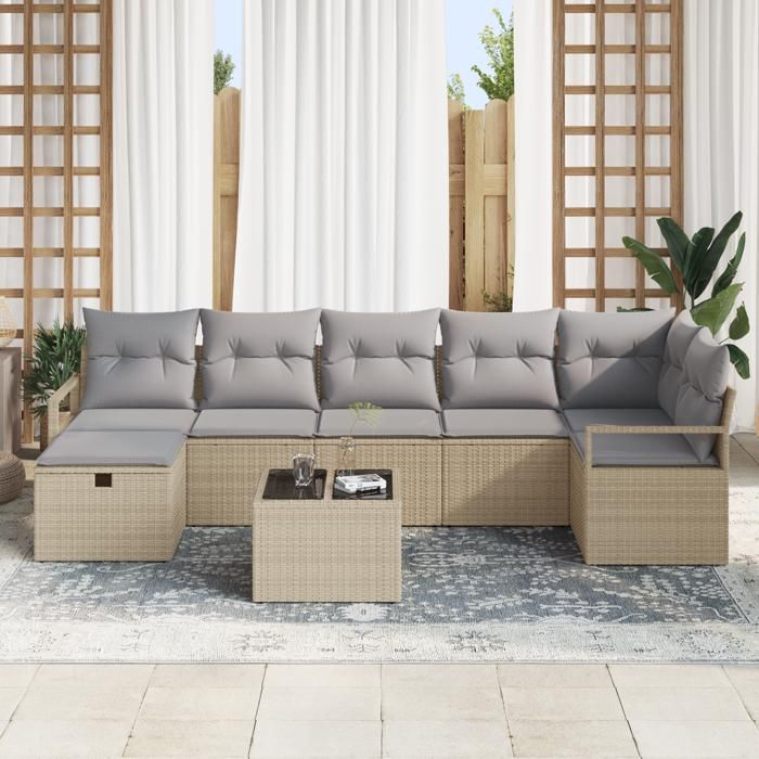 Ensemble de canapé de jardin 8 pièces avec coussins beige poly rotin, Canapé de jardin 2 places avec coussins beige poly 3359209