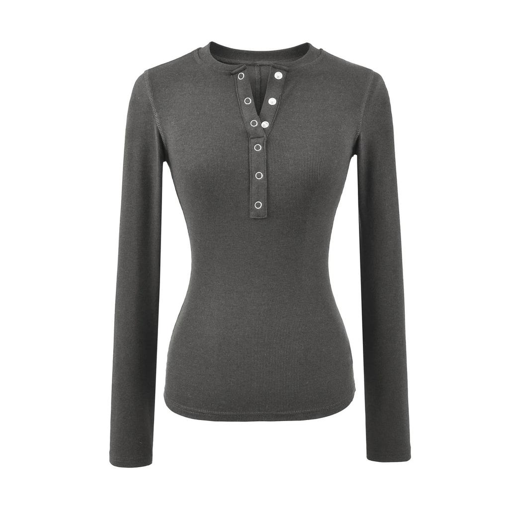Women's Korean Style Henry Collar Long Sleeve Base Layer T-shirt for Autumn/Winter – Stylish, Stretchy, Basic Top