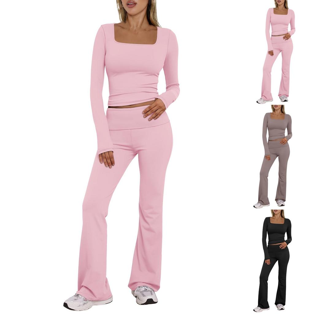 Damen Sommer Zweiteiliges Outfit Oberteil Lange Hose Sets Lässiger Trainingsanzug Langarm Shorts Anzug