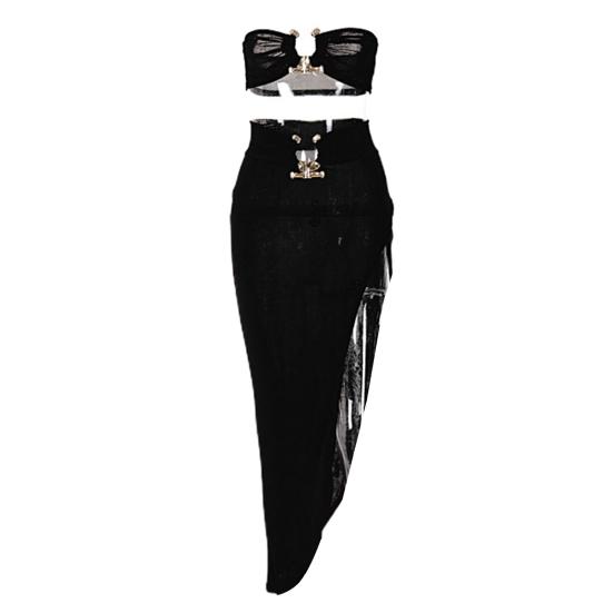 

1 комплект юбки костюм с открытой спиной и высоким разрезом однотонное плиссированное асимметричное платье макси до бедра с разрезом для повседневной жизни S чёрный