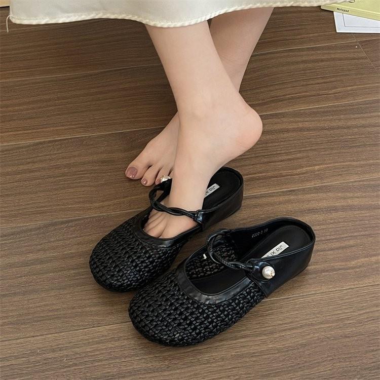 Innere Höhenzunahme gewebte hohle Tasche Kopf halbe Pantoffeln Damen Oberbekleidung Sommer neu atmungsaktiv Rock Plateau-Sandalen