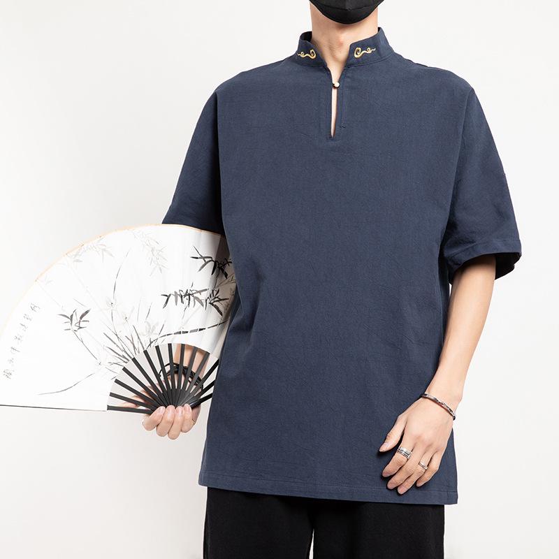 2022 Chinese Style Men's Casual Cotton Linen T-shirt, Retro Plus Size Long Sleeve Tang Suit