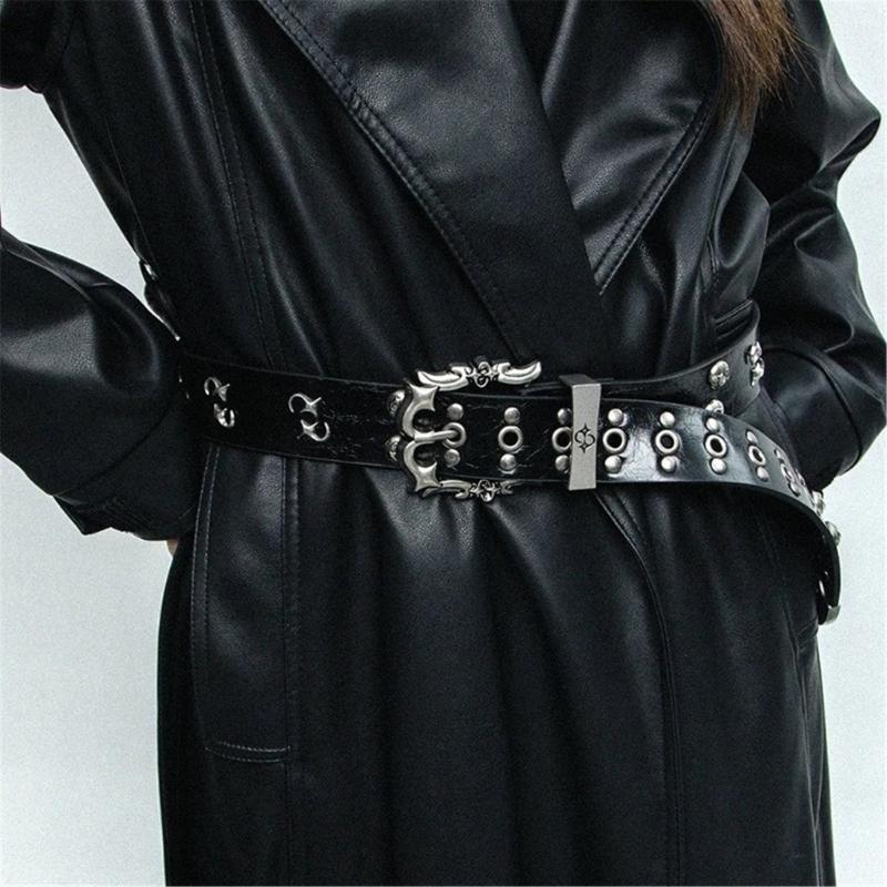 Gothic Studded Belt for Women Slightly Adjustable Clasp Double Row Hole Nonslip Design PU Leather Waistband