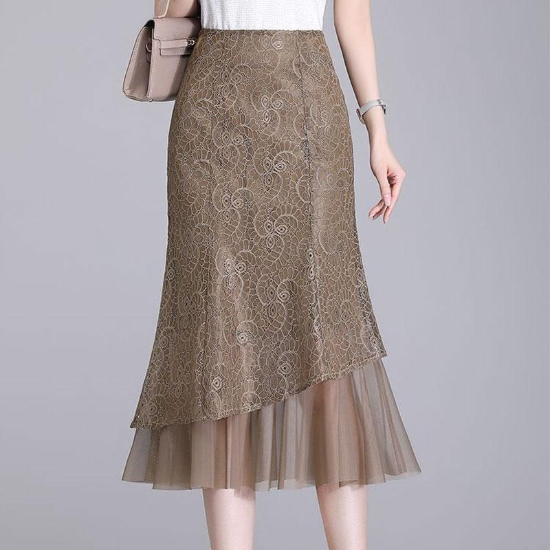 

Элегантные кружевные юбки-русалки с завышенной талией, винтажные, весенне-летние, женская одежда, стильные юбки миди с застежкой-молнией и вставками из сетки 4XL кофейный