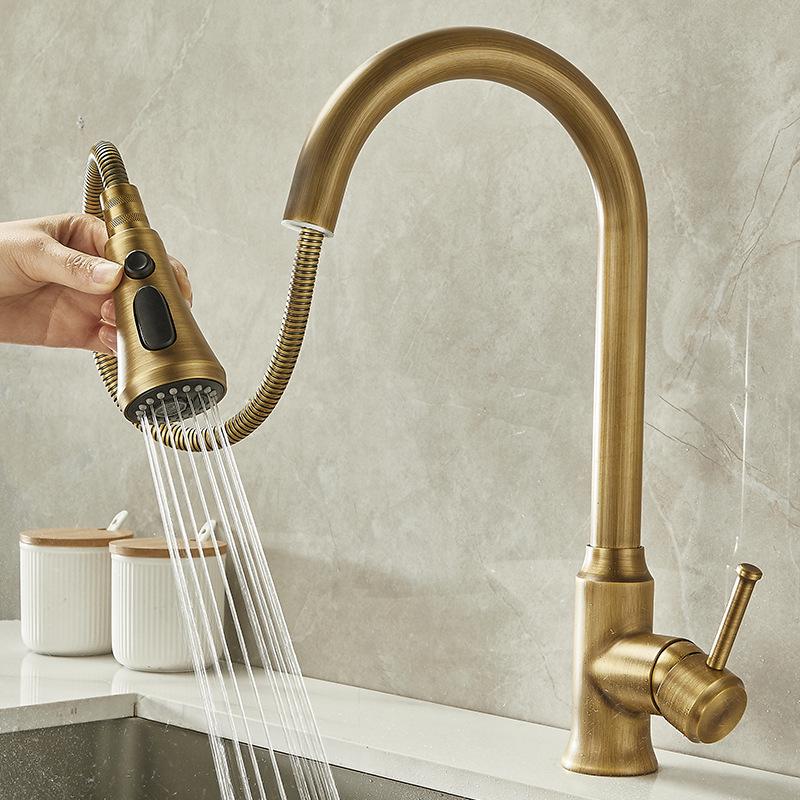 Elegant European-Style Brass Kitchen Faucet with Pull-Out Sprayer for Hot and Cold Water