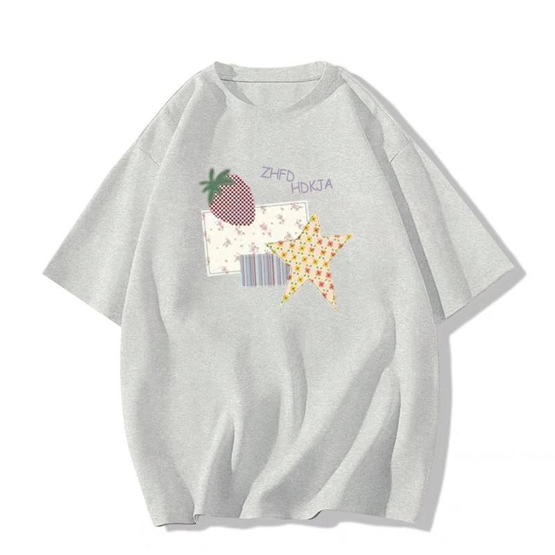 catty pure cotton American retro small man front shoulder short-sleeved t-shirt women's summer loose lazy half-sleeved t-shirt top