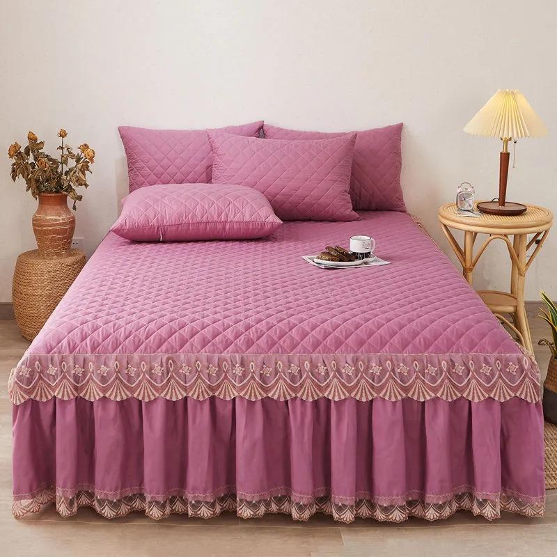 3pcs/set Autumn and Winter Thick Cotton Quilted Lace Bed Skirt Three-piece Set Non-slip Bedspread Pillowcase Three-piece Set