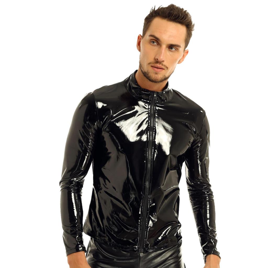 Men Shiny Metallic Long Sleeve Front-Zip Stand Collar Tops Wet Look Patent Leather Nightclub Style T-shirt Top Coat