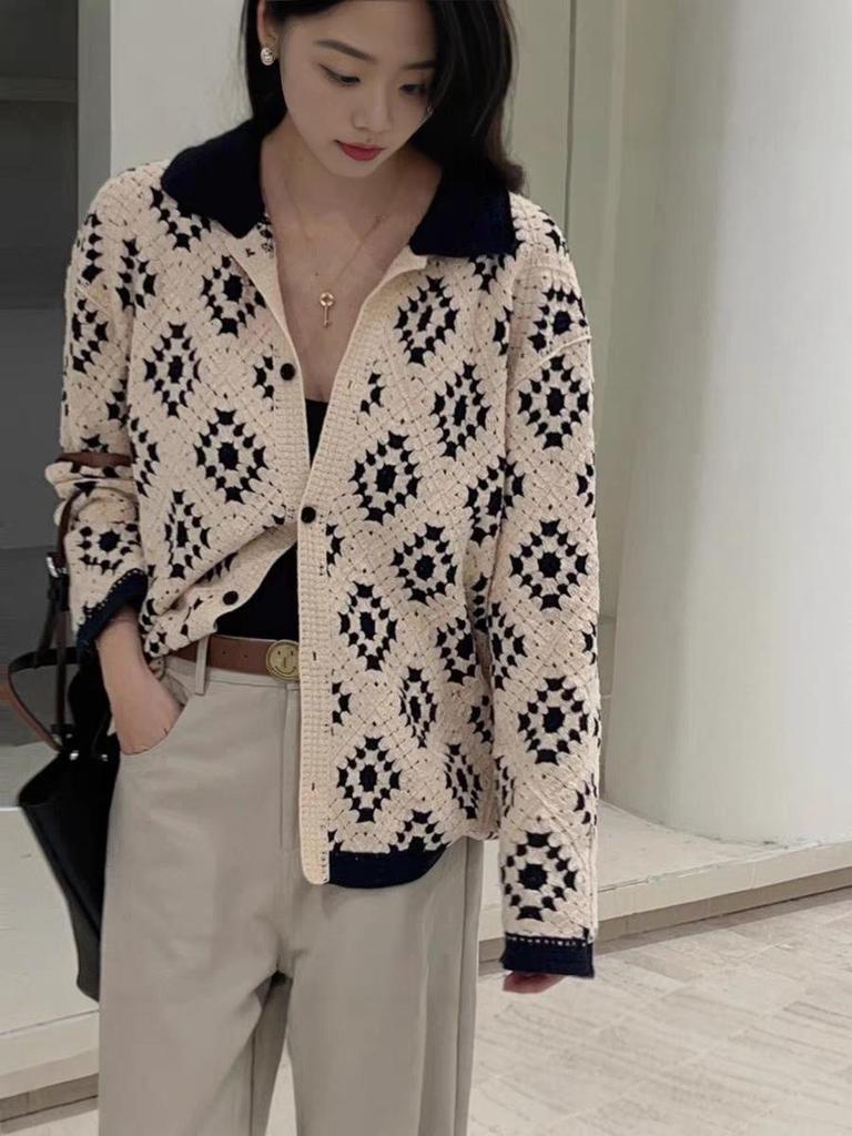 Women's Casual Colorblock Knit Cardigan Polo Sweater – Autumn 2025 Collection