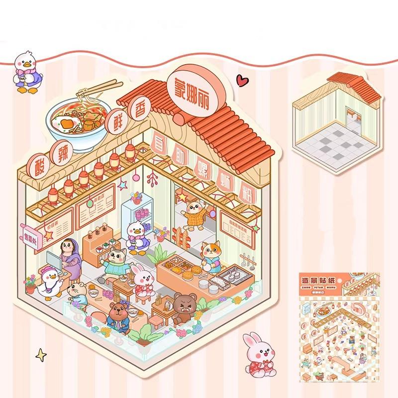 Cartoon Food Street Landscape Sticker Cabin Scene DIY Toy Game Sticker Festival Birthday Gift for Kids Girls and Children