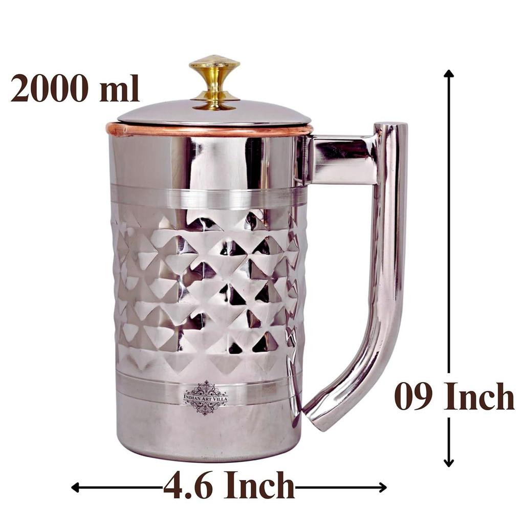 Diamond Hammered Steel Copper Jug Pitcher with Brass Knob, Serveware, 2000 ML