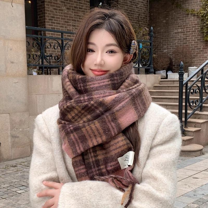 Mohair Scarf Korean Atmosphere Autumn and Winter Plaid Scarf Imitation Cashmere Warm Shawl Couple Versatile Scarf