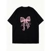 Oversized T Shirt Black Pink Lace Bow And Text Print Casual Wear For Women