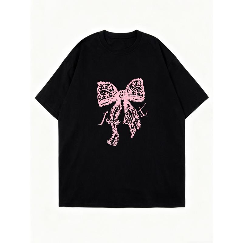 Oversized T Shirt Black Pink Lace Bow And Text Print Casual Wear For Women