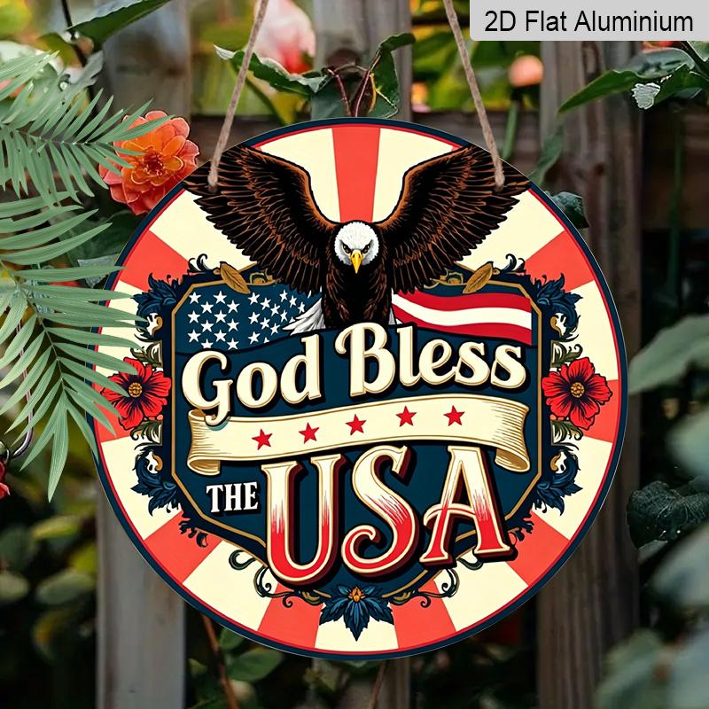 2D Flat, God Bless America Patriotic Metal Sign, Round Aluminum Wall Decor with American Flag Floral Design, Perfect for Independence Day, Veterans