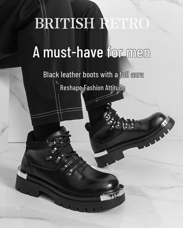 Plus Size Men's High-Top Thick-Soled Leather Boots - Autumn/Winter Big-Toe Short Boots