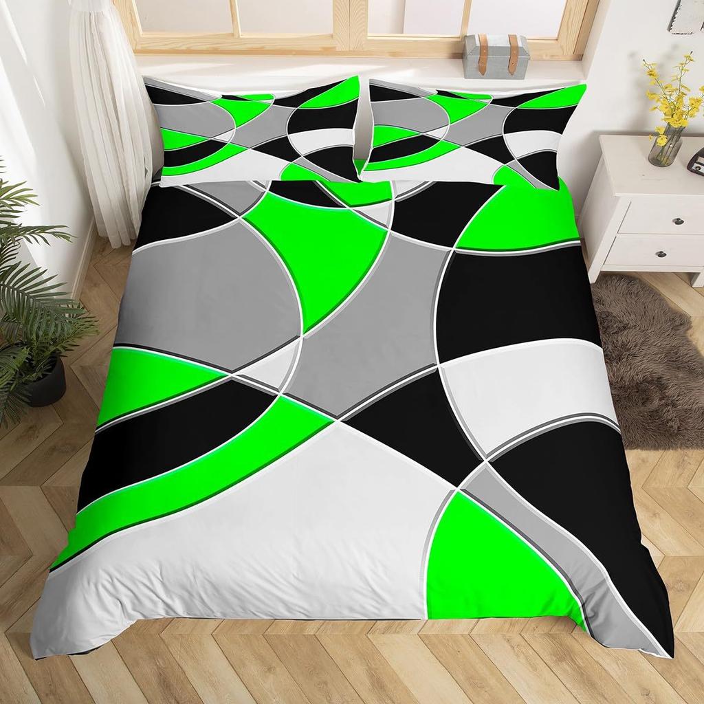 Round Geometric Bedding Set Green Gray Black Abstract Art Bedspread Comfortable Three-Piece Set