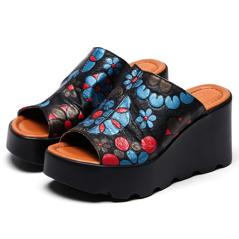 Mode GKTINOO Echtes Leder Blumen Damen Mode Hausschuhe Sandalen 2025 Neu Sommer Dicke Sohle Hoher Absatz Silppers Outdoor Sandalen