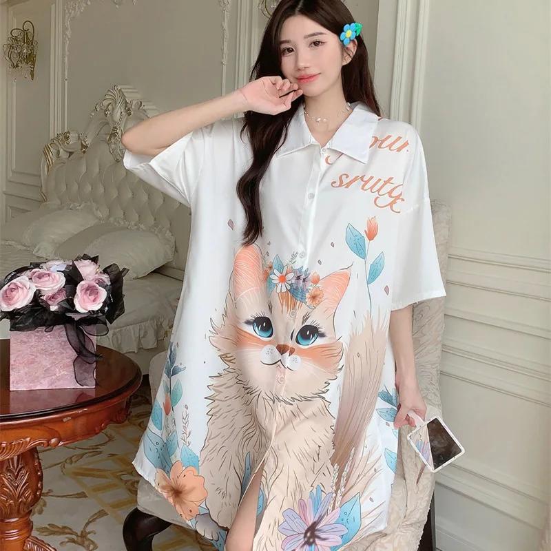 Women's Short Sleeve Ice Silk Sleep Dress Nightgown Plus Size 4XL Pajamas Shirt Sundress Loose Home Clothes