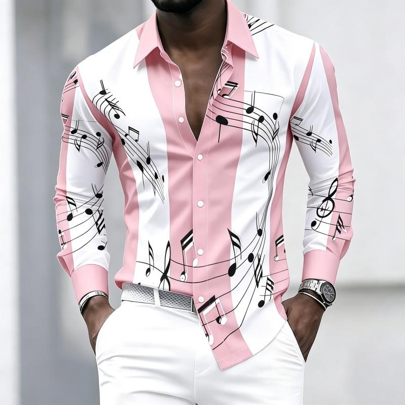 Men's Collared Shirt with Creative Musical Note Print, Trendy Long-sleeved Casual Top for Everyday Wear, Dates, and Outings.