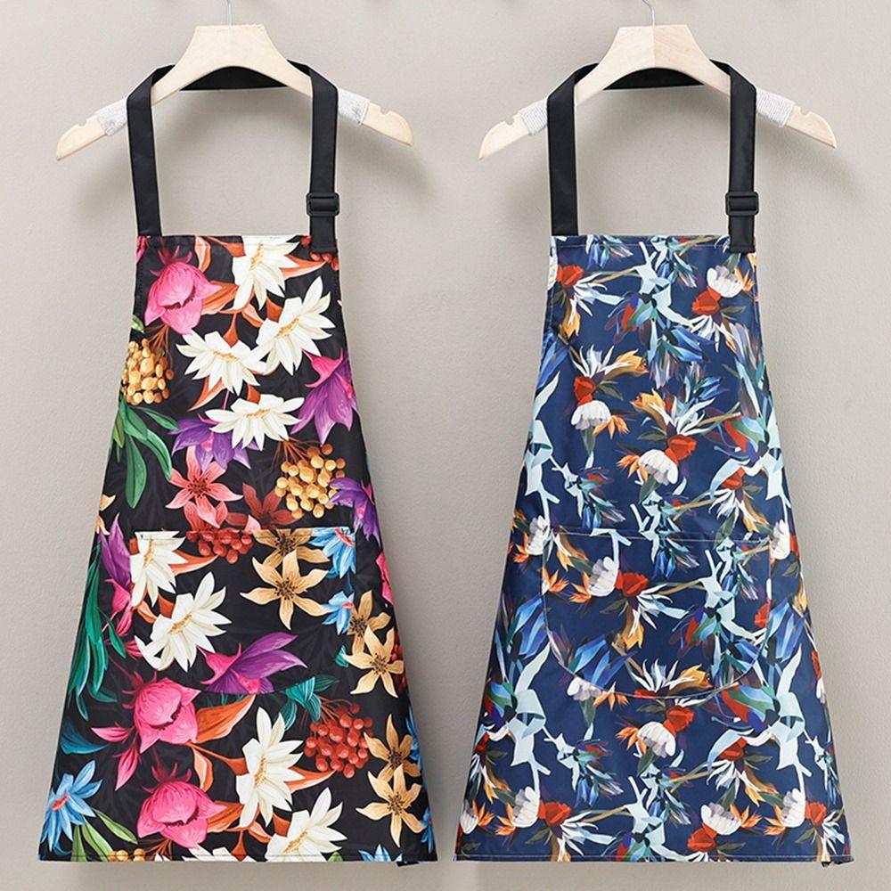 Flower Print Kitchen Apron Waterproof Anti-fouling Cooking Baking Bibs Sleeveless Breathable Catering Work Clothes for Women