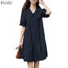 ZANZEA Women Casual Turn Down Collar Summer Short Sleeve Dress