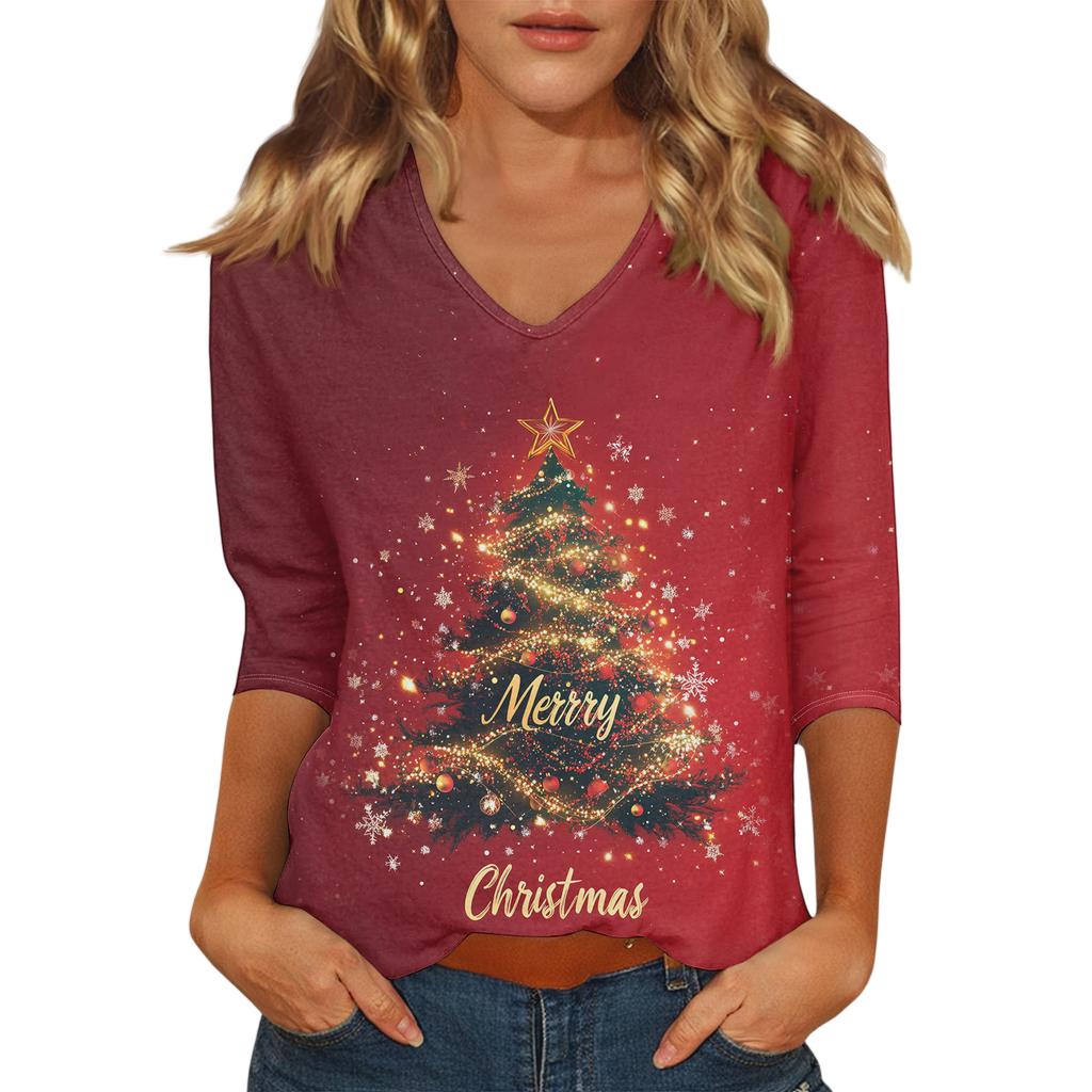 Women's Casual Fashionable Sexy Comfortable V-Neck Christmas Three-Quarter Sleeve Top