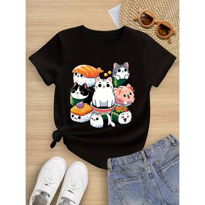 Cute Sushi Print Round Neck Short-sleeved T-shirt Cute and Playful Style Suitable for Summer Outings and Daily Wear
