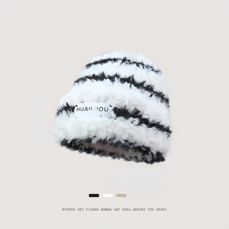 New knitted hat children's winter wool striped plush hat warm thickened large head circumference ear protectors stacking hat