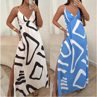 New Fashionable And Sexy Slit Print Suspender Sleeveless Dress