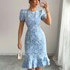 Women Summer Short Sleeve Embroidery O Neck Solid Color Ruffles One Piece Dress