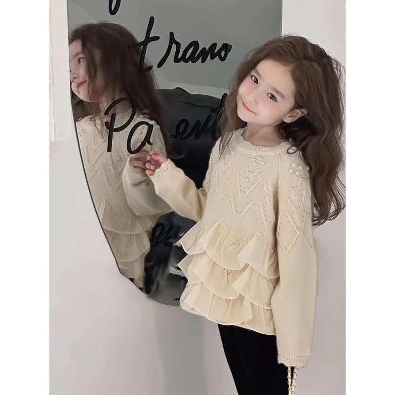 Girl's Knitted Sweater Dress: Soft Pink with Ruffled Hem, Perfect for Fall/Winter