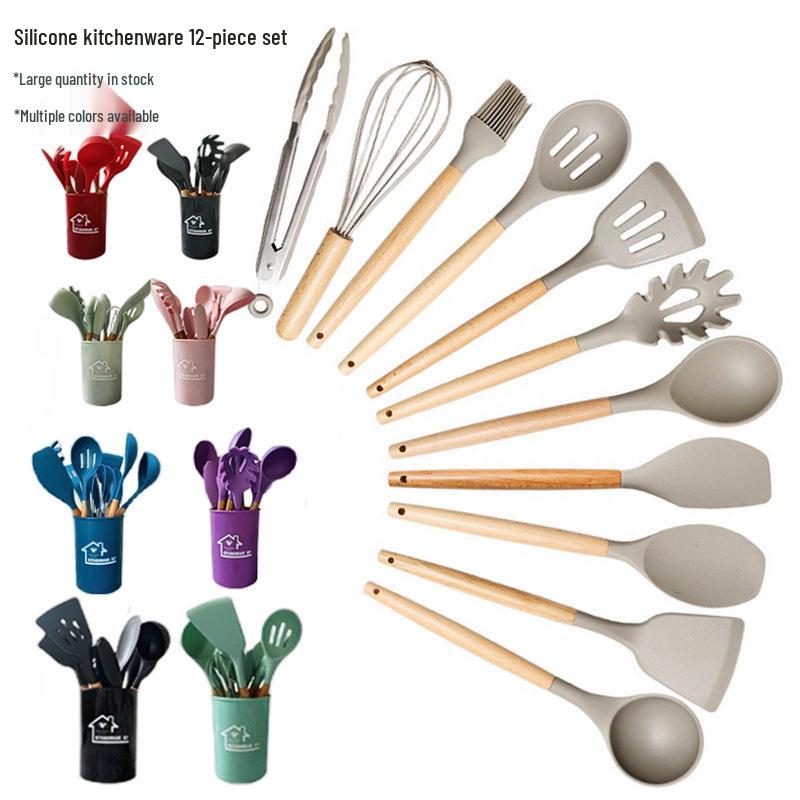 Silicone Kitchenware: 12-Piece Non-stick Spatula and Spoon Set with Wooden Handles for Cooking and Baking