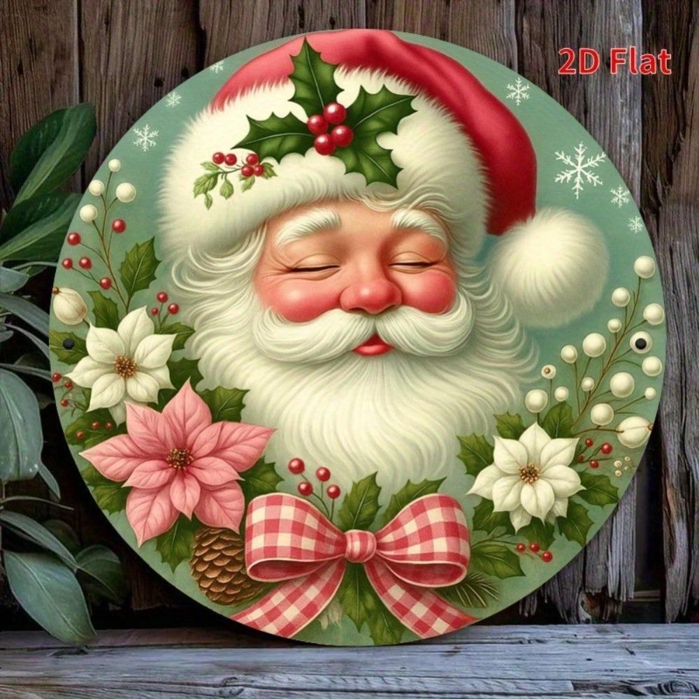 Christmas Santa Wreath Metal Wall Decor Red Bow Holly Poinsettia Round Iron Sign Farmhouse Garden Holiday Home Decoration