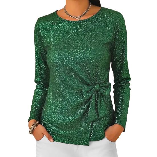Dame Topper Rund Hals Langermet Glitrende Paljetter Pullover Topper med Skinnende Sløyfeaksenter Hverdagsklær