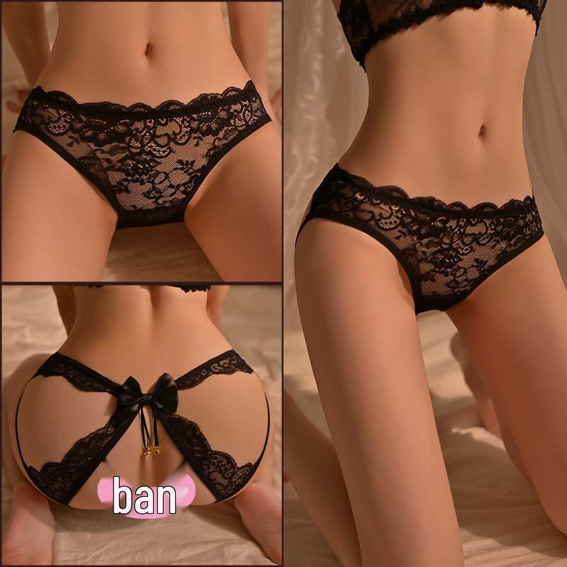 Man Yan Women's Sexy Lace Thong with Bow and Open Crotch